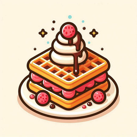 Vector illustration of a waffle with ice cream, strawberry and chocolateのイラスト素材