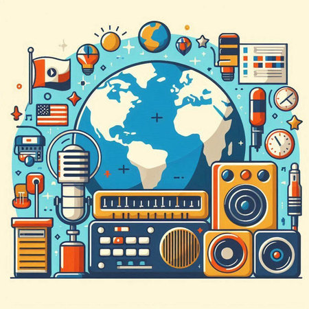 Vector illustration of music and sound icons in flat design style. Radio, vinyl record player, radio station, microphone, speaker, headphones, world globe.のイラスト素材