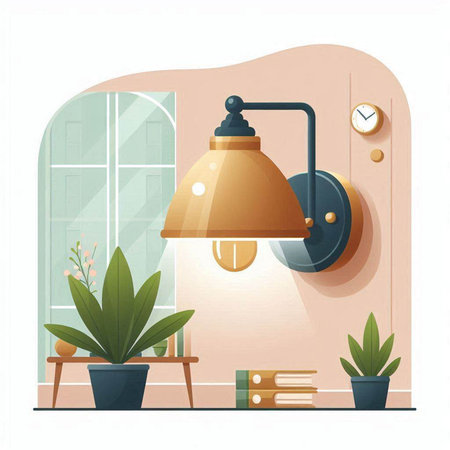 Interior of living room with lamp and plants. Vector illustration.のイラスト素材
