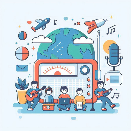Radio station concept. Vector illustration in thin line style design. Radio station and people.のイラスト素材