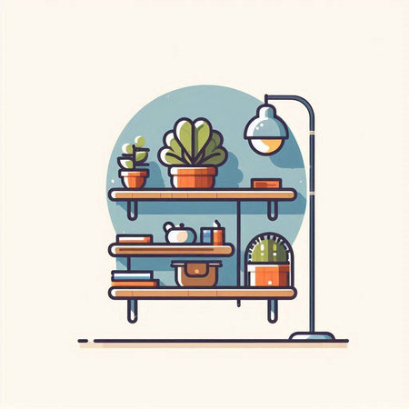 Vector illustration of a shelf with plants and lamps in a flat styleのイラスト素材
