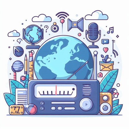 Vector illustration of Radio set with world map, globe, social media icons.のイラスト素材