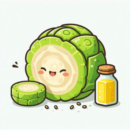 Illustration of Cute Smiling Cabbage Cartoon Character with Salt and Pepperのイラスト素材