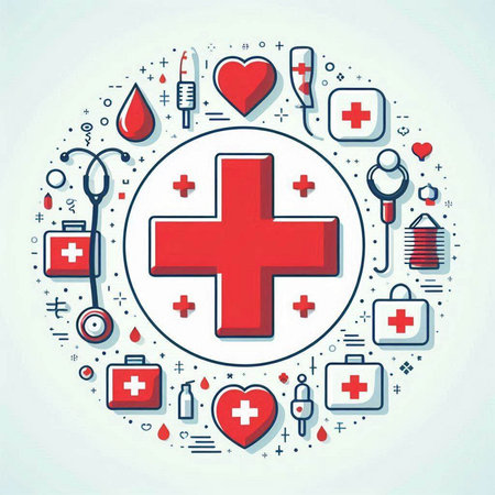 Vector illustration of red cross in circle shape with medical icons around it.のイラスト素材