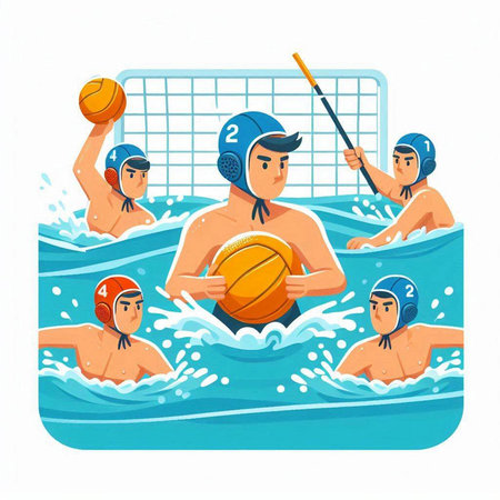 Water polo players in the swimming pool. Cartoon vector illustration.のイラスト素材