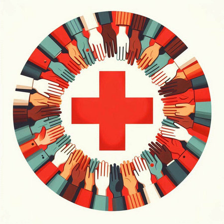 Group of hands with red cross on white background. Vector illustration.のイラスト素材