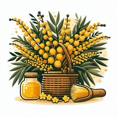Basket with mimosa flowers and jar of honey. Vector illustration.のイラスト素材