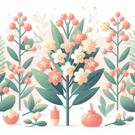 Cute floral background with berries, leaves and flowers. Vector illustration.のイラスト素材