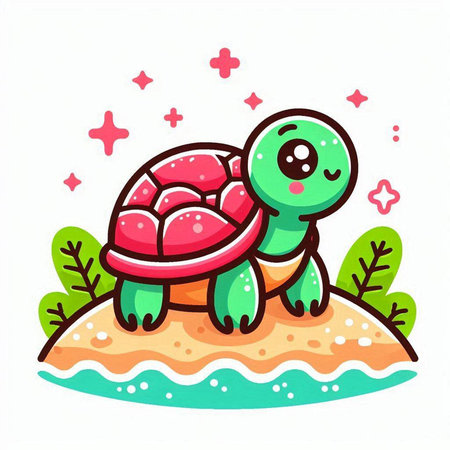 Cute little turtle on the sand. Vector illustration isolated on white background.のイラスト素材