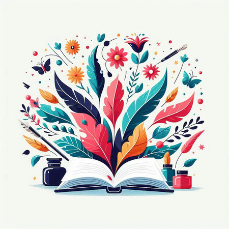 Vector illustration of open book with feather pen, inkwell and flowersのイラスト素材