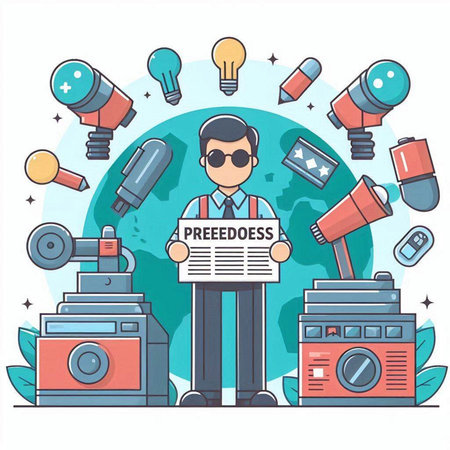 Journalist with newspaper, camera and lightbulbs. Vector illustrationのイラスト素材