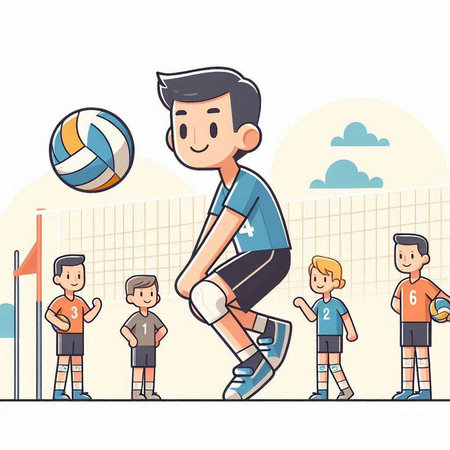 Volleyball players on the court. Vector illustration in cartoon style.のイラスト素材