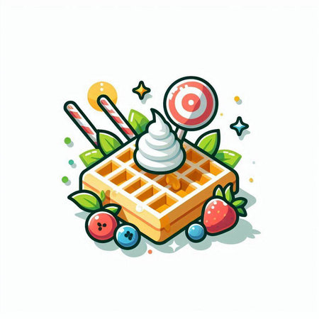 Belgian waffles with cream and candies. Vector illustration.のイラスト素材