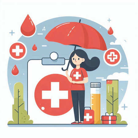 Vector illustration of a woman with an umbrella and a first aid kitのイラスト素材