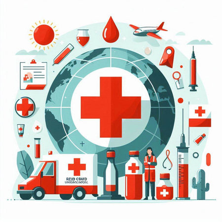 Medical and healthcare concept. Vector illustration in flat design style. World map with ambulance, first aid kit, blood sample, syringe, vaccine.のイラスト素材