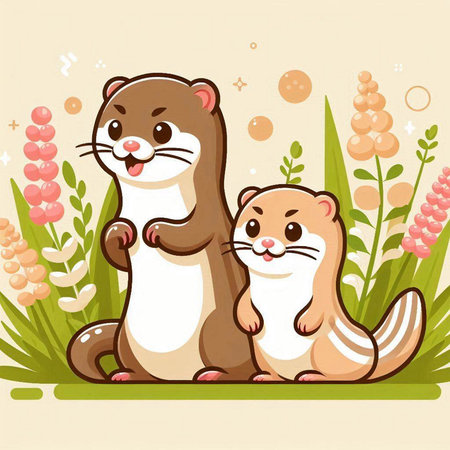 Cute otters in the garden. Vector illustration of animals.のイラスト素材