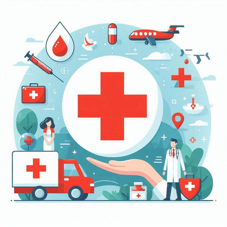 Flat design vector illustration concept of healthcare and medical services. Hospital, ambulance, first aid kit, first aid kit, doctor, patient, ambulance, first aid kit.のイラスト素材