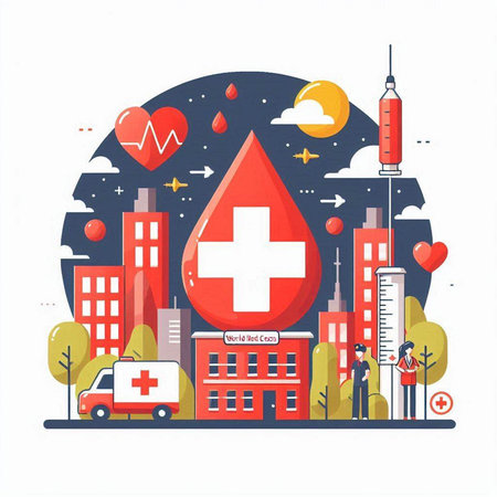 Blood donation concept. Vector illustration in flat style. Blood transfusion, syringe, hospital and people.のイラスト素材