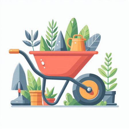 Gardening tools. Wheelbarrow, trowel, shovel, watering can. Flat vector illustrationのイラスト素材