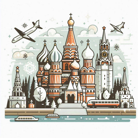Cityscape of Moscow, Russia. St. Basil Cathedral. Vector illustrationのイラスト素材