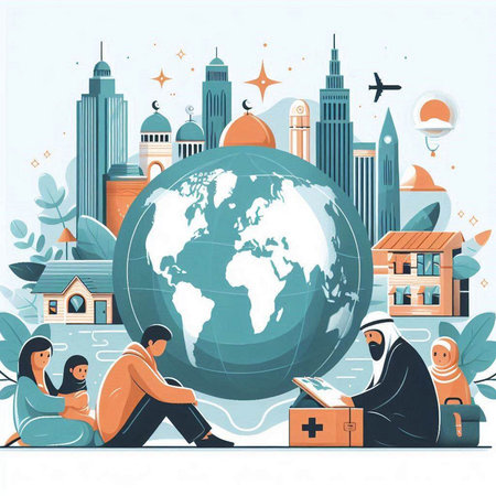 Vector illustration of Muslim family traveling around the world. Muslim man and woman sitting near the globe. Flat style.のイラスト素材