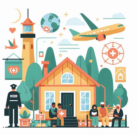 Vector illustration of people in front of the airport. Travel and tourism concept.のイラスト素材