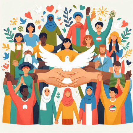 Muslim people holding hands with dove of peace. Flat vector illustration.のイラスト素材