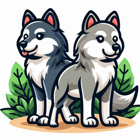 Cartoon Illustration of Two Husky Dogs or Samoyed Animal Charactersのイラスト素材