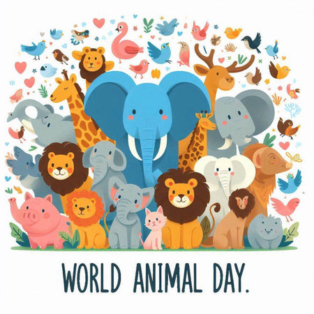World Animal Day banner with cute cartoon animals and lettering. Vector illustration.のイラスト素材