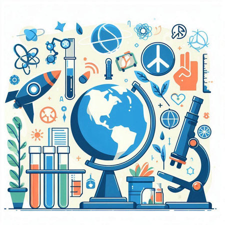 Science and education background with globe, microscope, test tubes and icons. Vector illustrationのイラスト素材