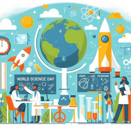 Back to school flat vector illustration. Education and science concept with teacher and students.のイラスト素材