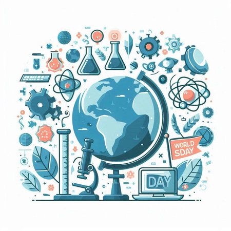 Back to school concept with globe and science icons. Vector illustration.のイラスト素材