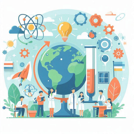 Vector illustration of science and education concept with globe, microscope, test tubes and people. Flat style design.のイラスト素材