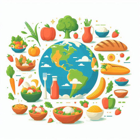 Vegetables and fruits around the planet earth. Vector illustration.のイラスト素材