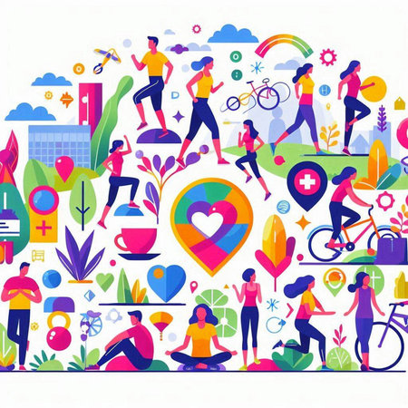 Healthy lifestyle concept with people and icons. Vector illustration in flat styleのイラスト素材