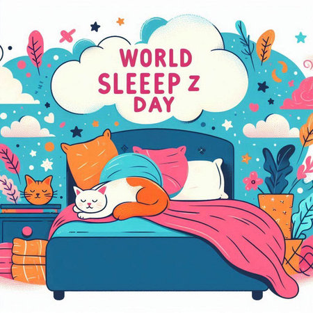 World Sleep Day. Cute cat sleeping on the bed. Vector illustration.のイラスト素材