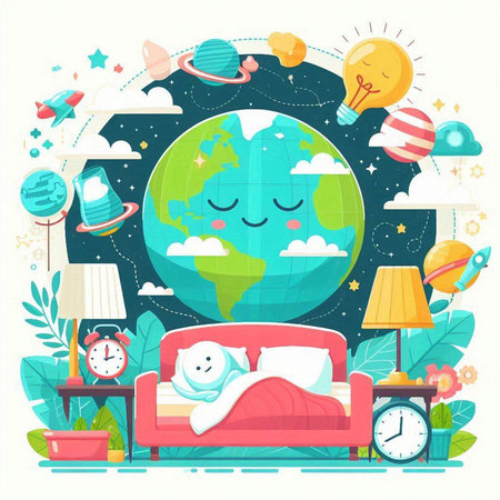 Cute cartoon world with various objects and elements. Vector illustration.のイラスト素材
