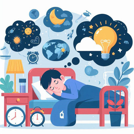 Sleeping man in bed with insomnia. Vector flat illustration.のイラスト素材