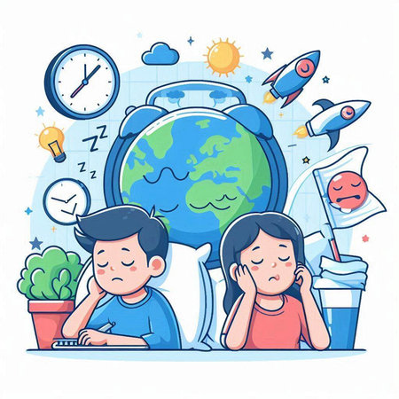 Vector illustration of a boy and girl sitting at the table with a laptop and looking at the globe.のイラスト素材