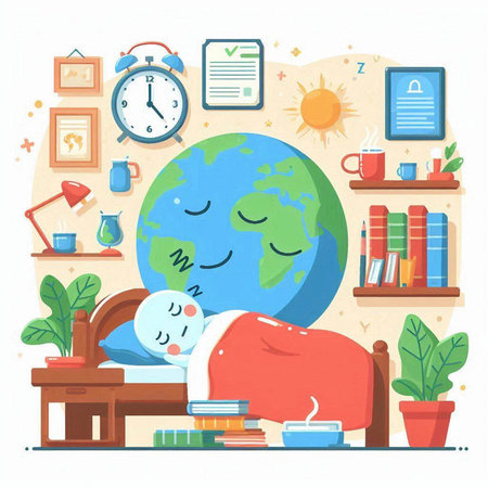 Sleeping boy sleeping on the globe. Flat style vector illustration.のイラスト素材