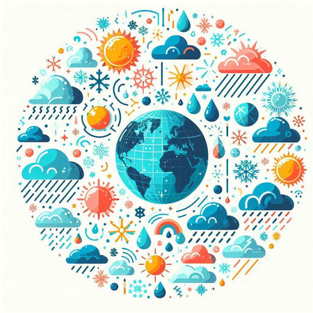 Vector illustration of the planet Earth with different weather icons in the circleのイラスト素材