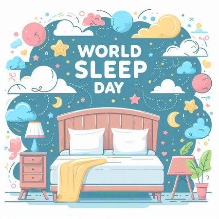 World Sleep Day poster with bed, moon, clouds, stars. Vector illustrationのイラスト素材