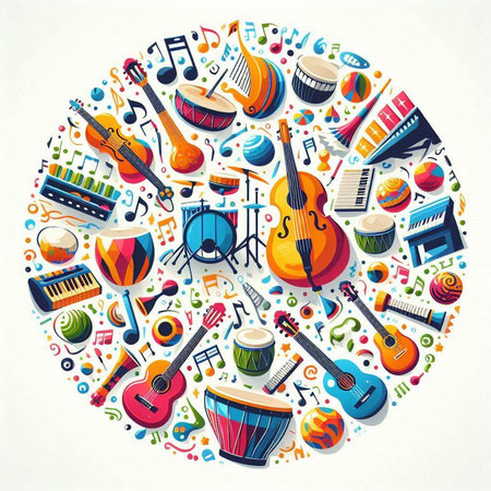 Colorful musical instruments in circle shape. Vector illustration with musical instruments.のイラスト素材