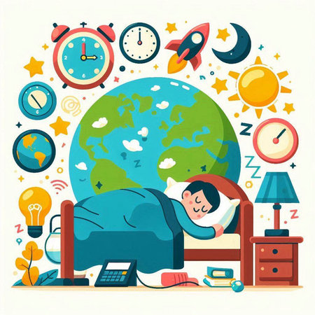 Vector illustration of a man sleeping in bed with alarm clock, alarm clock, calculator, alarm clock and globe.のイラスト素材