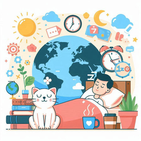 Vector illustration of a man sleeping at home with a cup of coffee and a catのイラスト素材