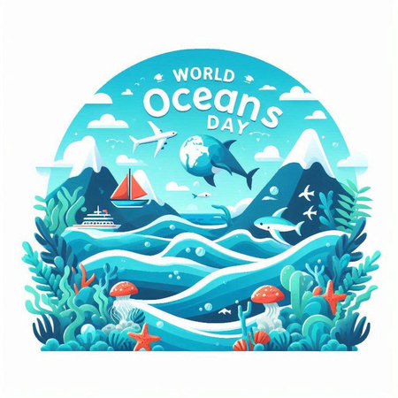 World Ocean Day poster design with underwater world and marine life vector illustrationのイラスト素材