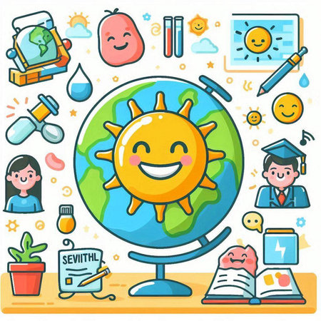 Vector illustration of a cute cartoon sun character on the globe with school supplies.のイラスト素材