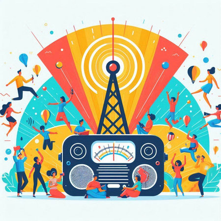 Radio tower and people. Vector illustration in flat design style. Radio communication concept.のイラスト素材