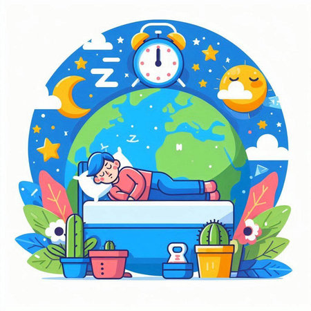 Vector illustration of a boy sleeping on the bed at night. Flat style.のイラスト素材