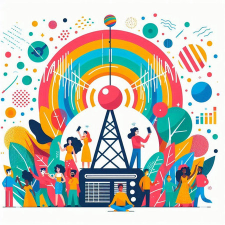 Radio station vector illustration. Cartoon flat tiny people characters with musical instruments, radio tower, microphone and musical instruments on colorful background.のイラスト素材